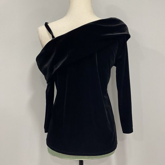 WAVERLY GREY S Black Velvet Off Shoulder Asymmetrical Blouse Whimsigoth Evening - Picture 4 of 15
